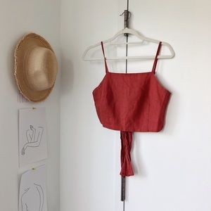 Rust Orange Cropped Linen Tie Top